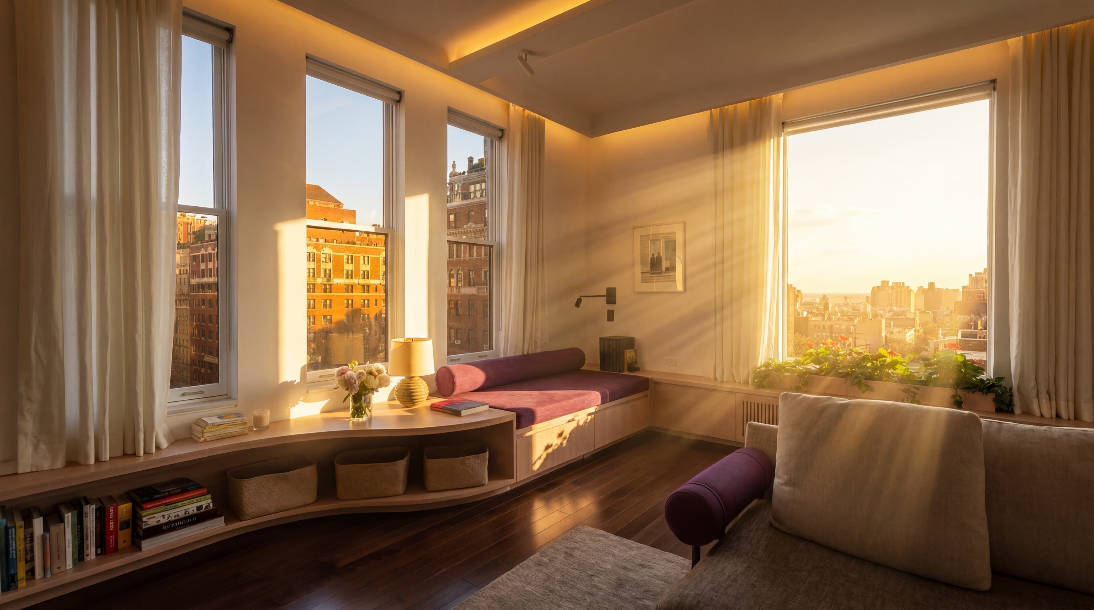 Greenwich Village Residence — AI interior series, living room at golden hour