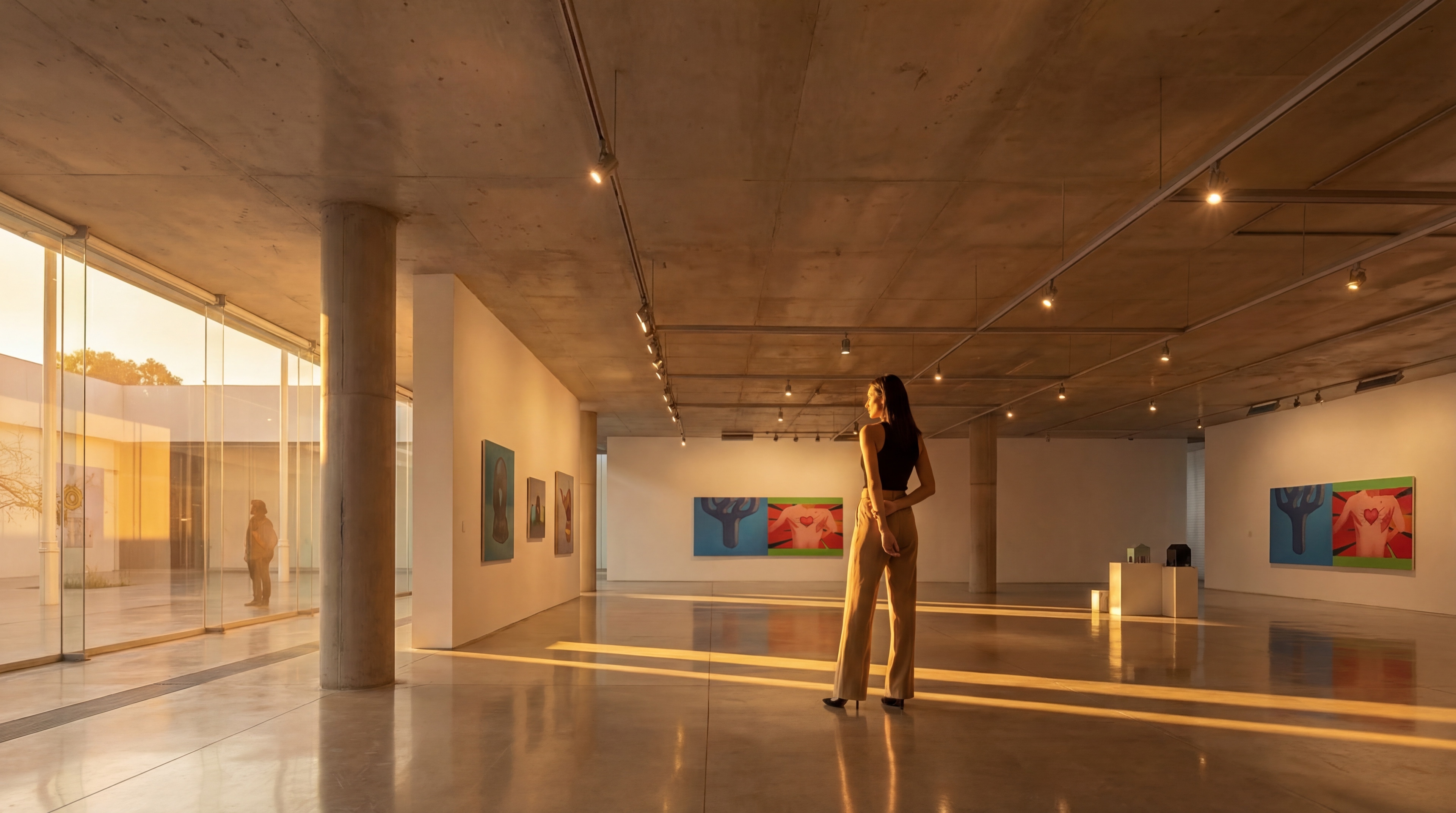 Visitor in the main gallery at golden hour