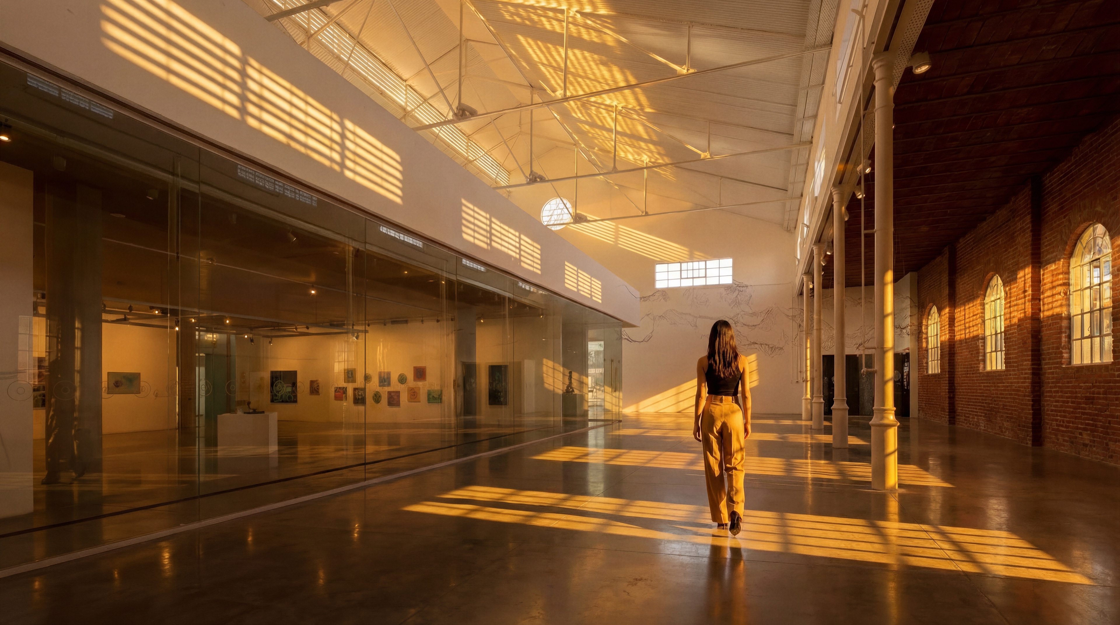 A figure crossing the striped sunlight of the heritage hall