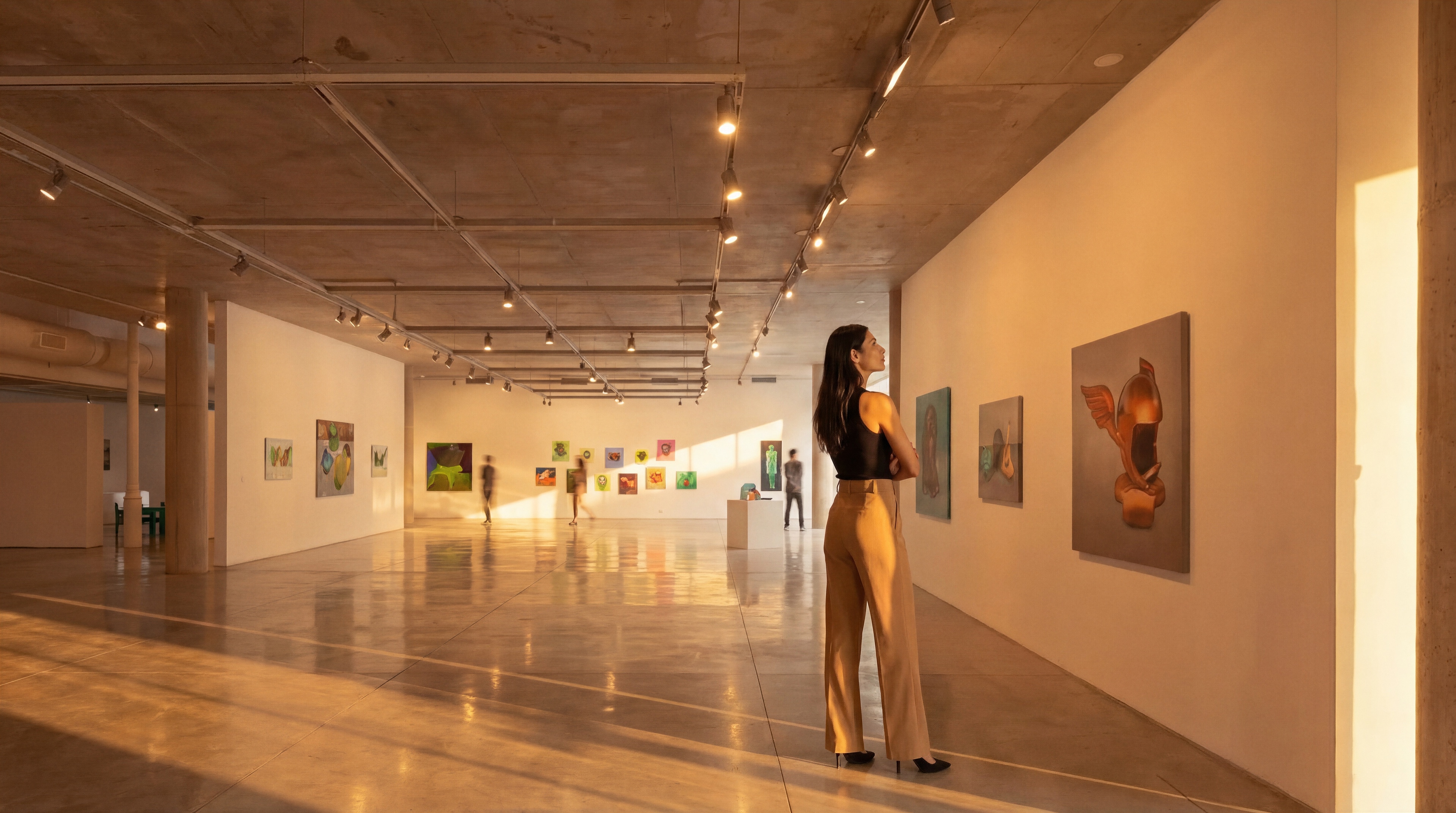 Visitor viewing paintings in the concrete gallery