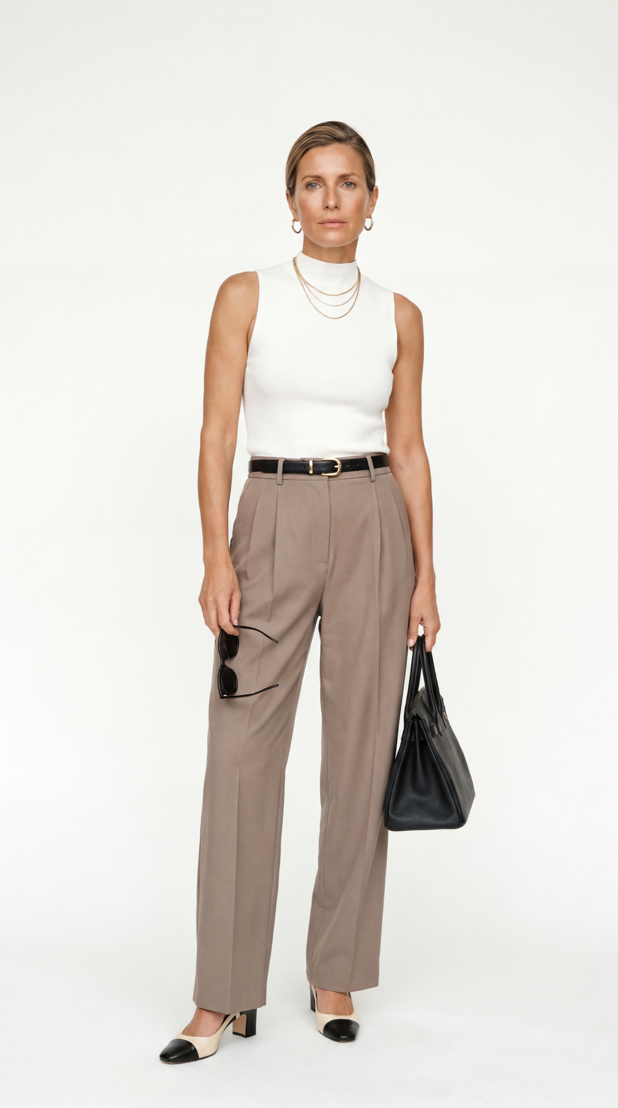 Resident in a white knit and taupe trousers, front